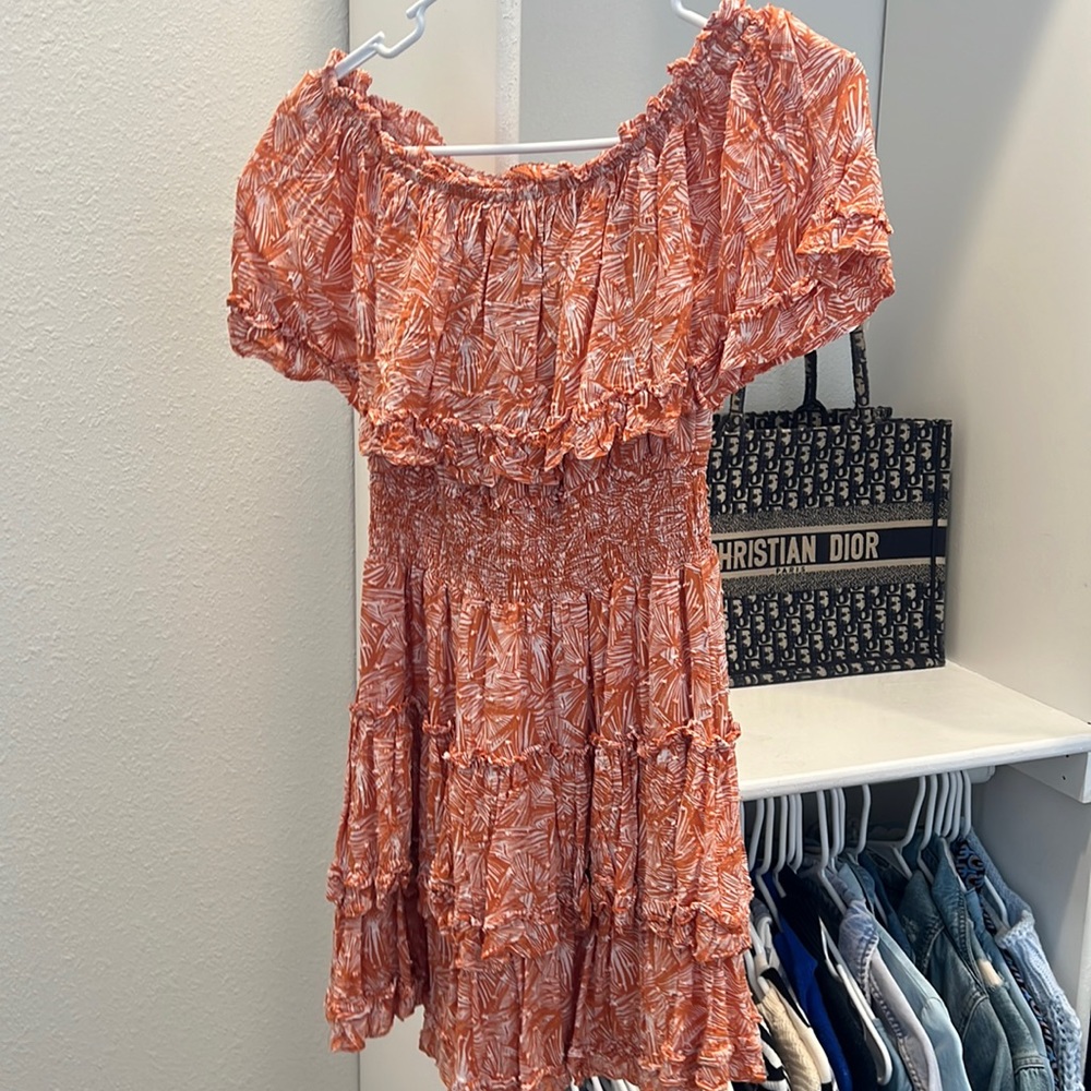 Orange off the shoulder smocked mini dress